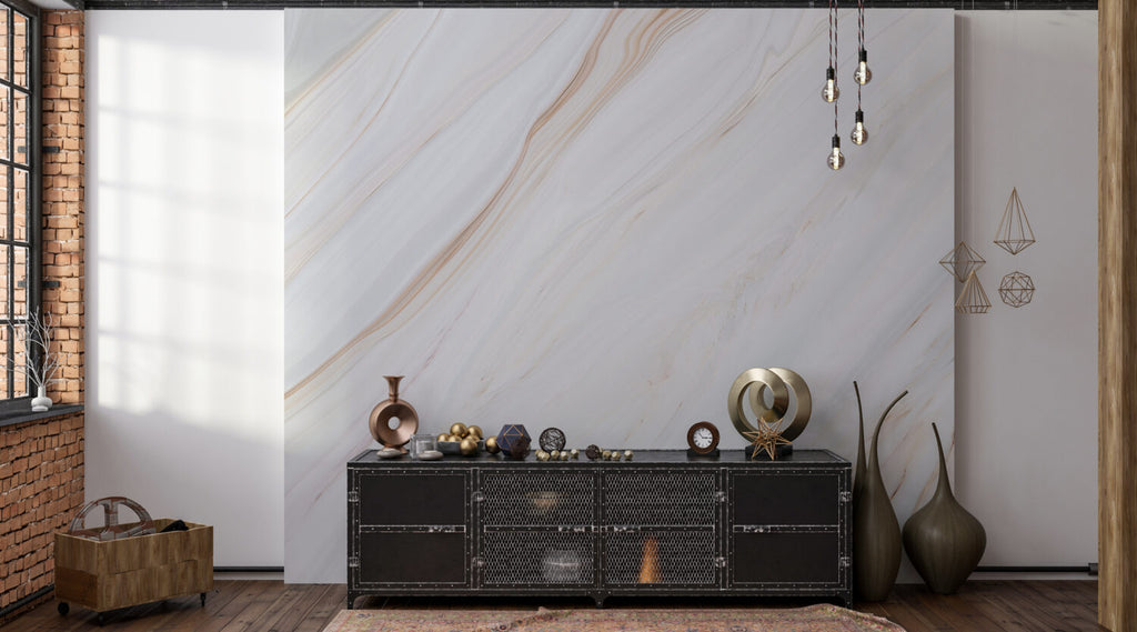 White Marble Tile Wallpaper : Soft Veined Stone Mural - View 3
