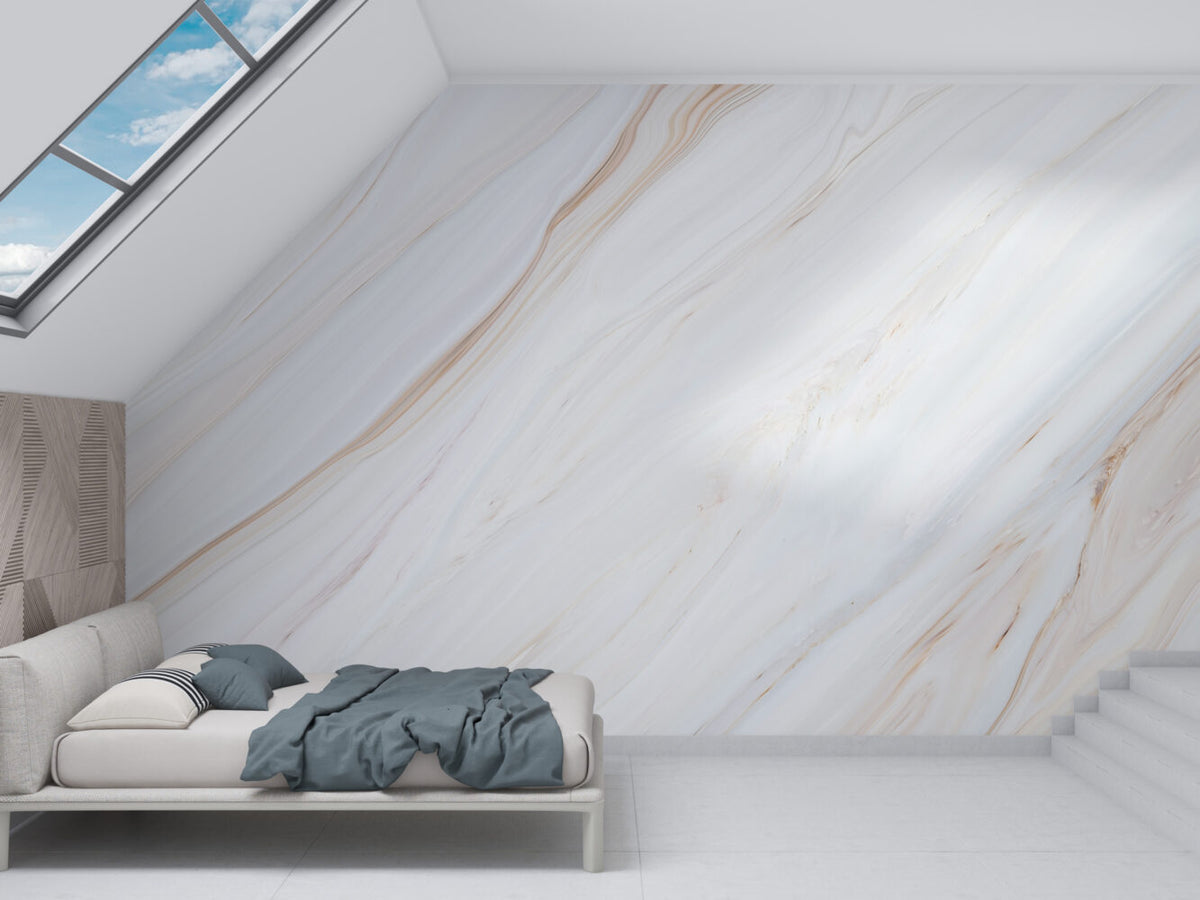 White Marble Tile Wallpaper : Soft Veined Stone Mural