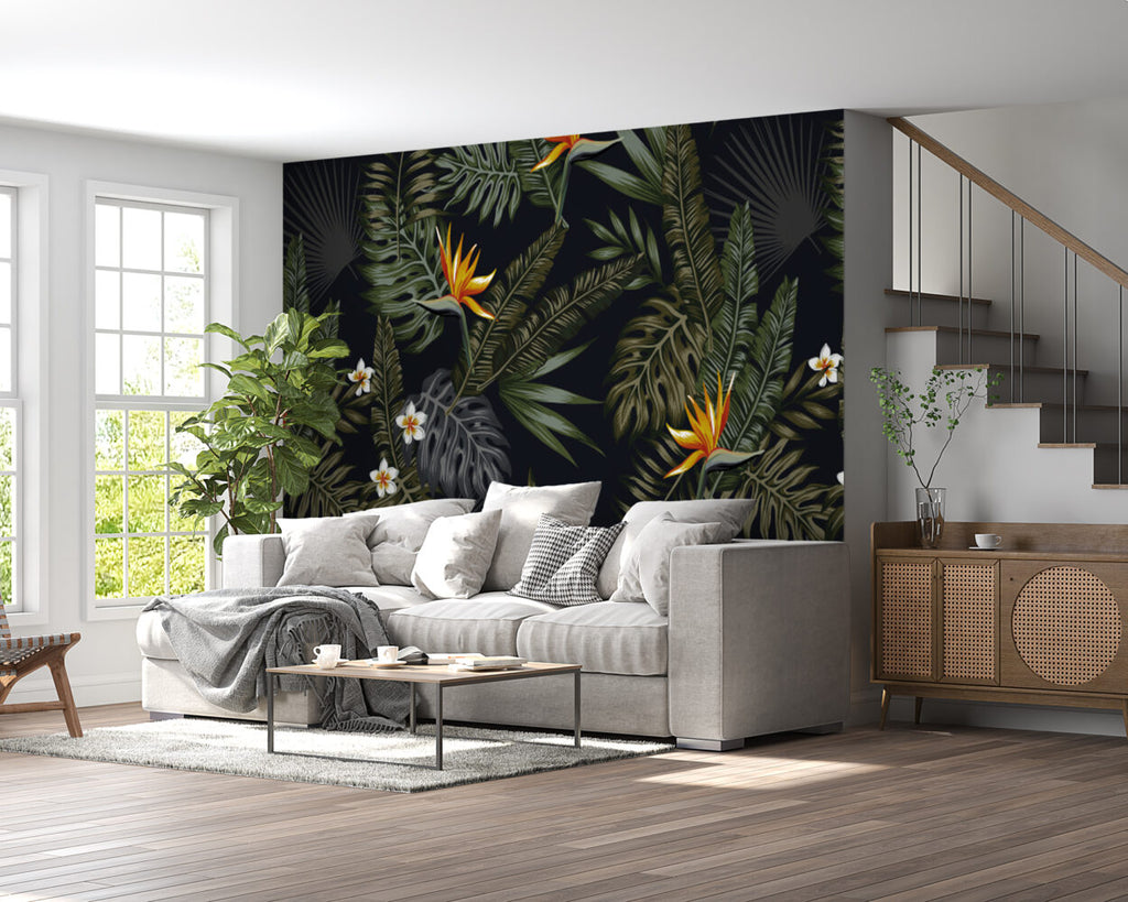 Dark Tropical Floral Wallpaper : Bird of Paradise on Black Mural - View 2