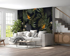 Dark Tropical Floral Wallpaper : Bird of Paradise on Black Mural - View 2