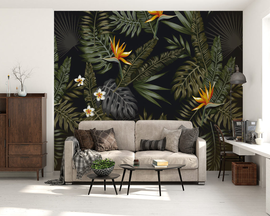 Dark Tropical Floral Wallpaper : Bird of Paradise on Black Mural - View 3