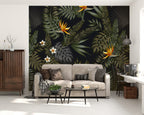 Dark Tropical Floral Wallpaper : Bird of Paradise on Black Mural - View 3