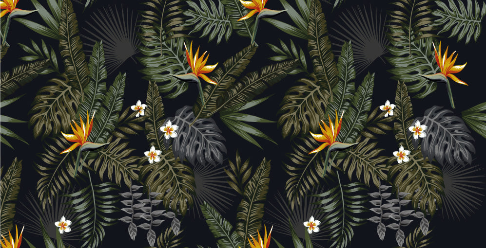Dark Tropical Floral Wallpaper : Bird of Paradise on Black Mural - flat design