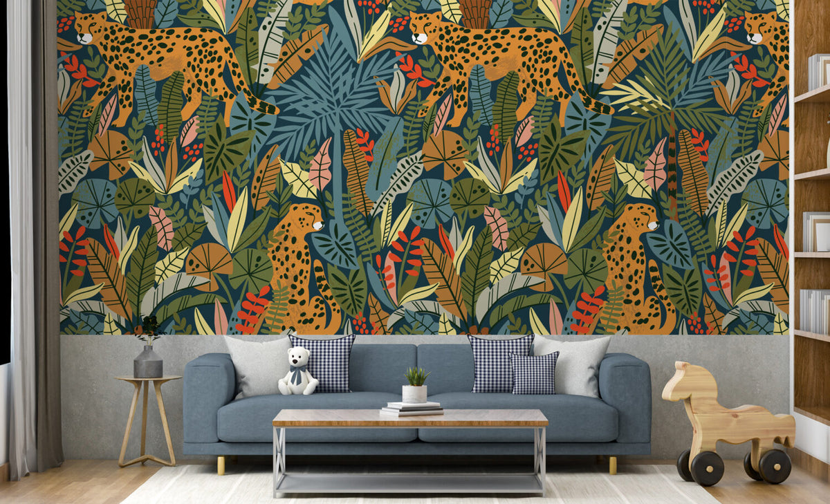 Kids Cheetah Jungle Wallpaper : Bold Tropical Leaf Pattern Mural