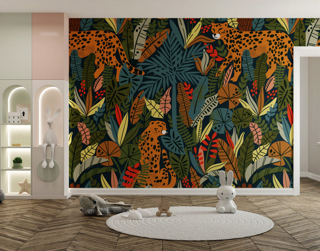 Kids Cheetah Jungle Wallpaper : Bold Tropical Leaf Pattern Mural - View 2