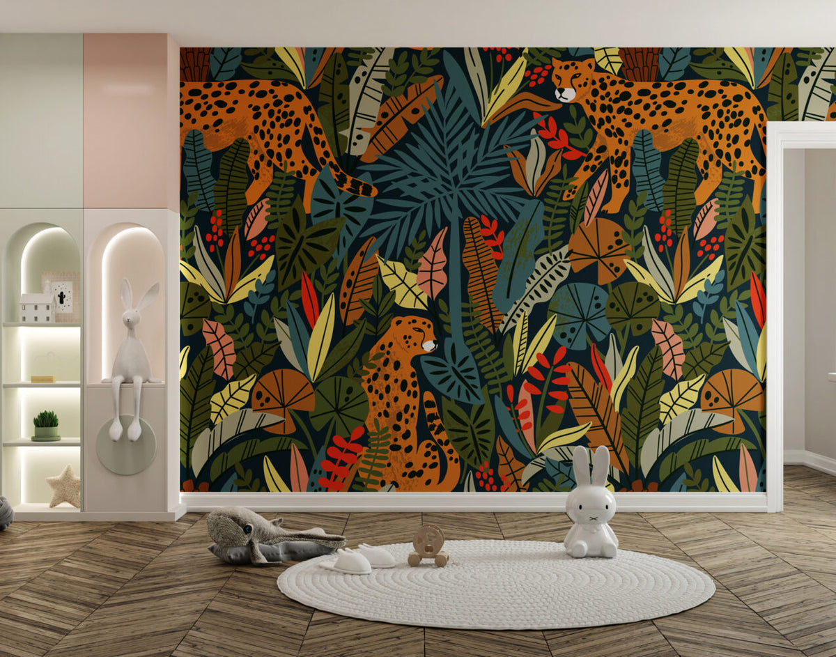 Kids Cheetah Jungle Wallpaper : Bold Tropical Leaf Pattern Mural - View 2