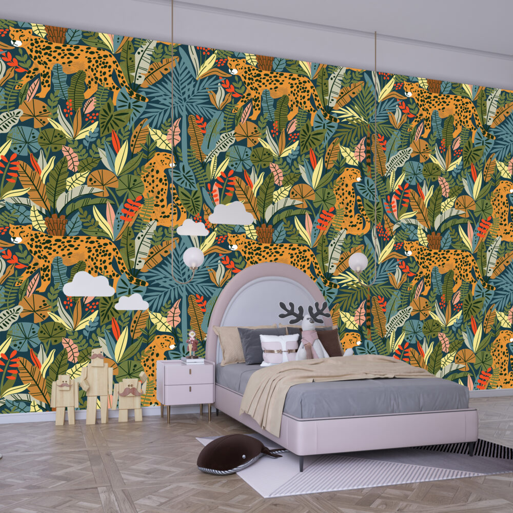 Kids Cheetah Jungle Wallpaper : Bold Tropical Leaf Pattern Mural - View 3