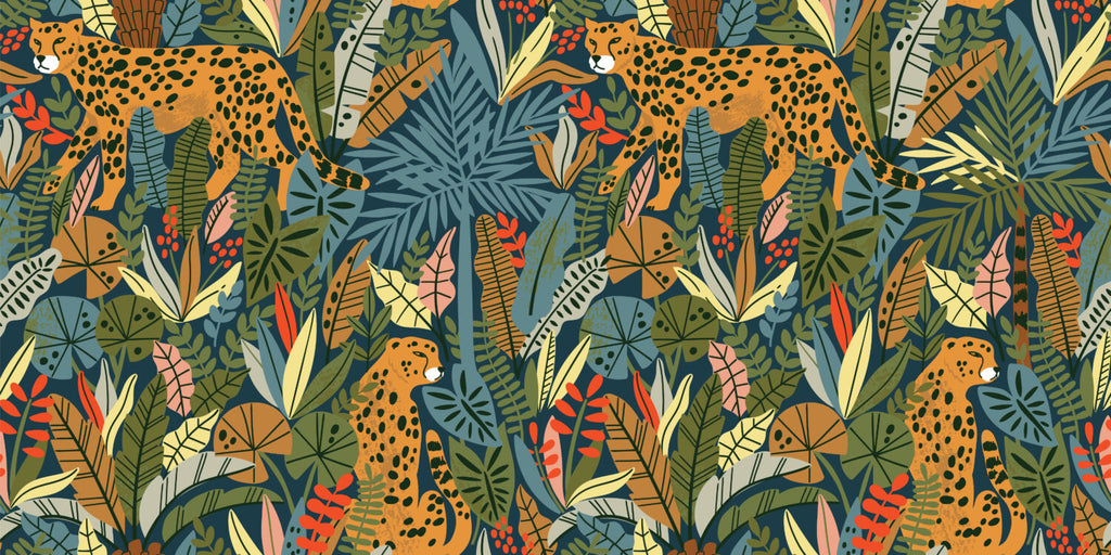 Kids Cheetah Jungle Wallpaper : Bold Tropical Leaf Pattern Mural - flat design