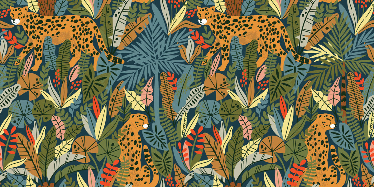 Kids Cheetah Jungle Wallpaper : Bold Tropical Leaf Pattern Mural - flat design