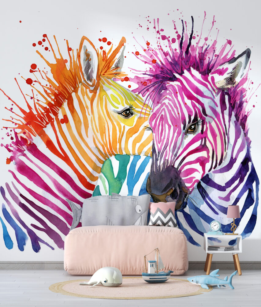 Rainbow Zebra Wallpaper : Colorful Watercolor Animal Art Mural - View 2