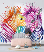 Rainbow Zebra Wallpaper : Colorful Watercolor Animal Art Mural - View 2