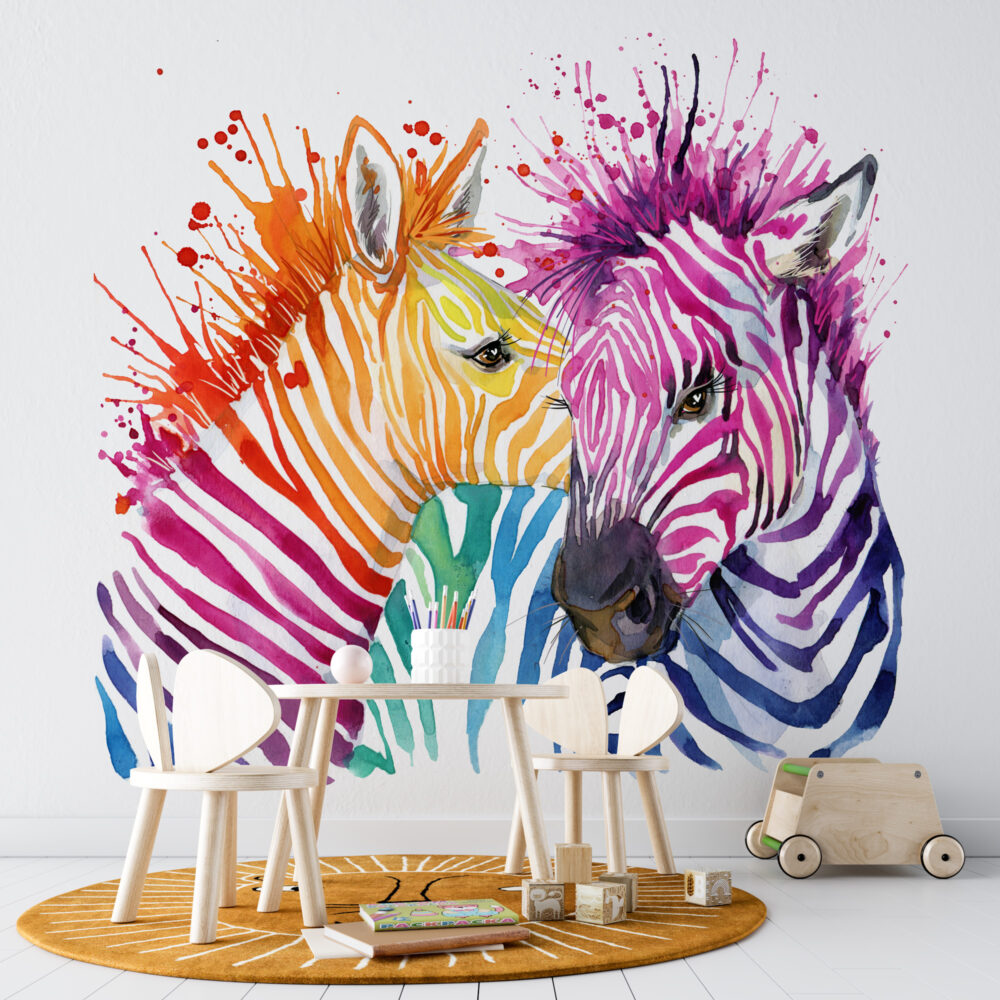 Rainbow Zebra Wallpaper : Colorful Watercolor Animal Art Mural