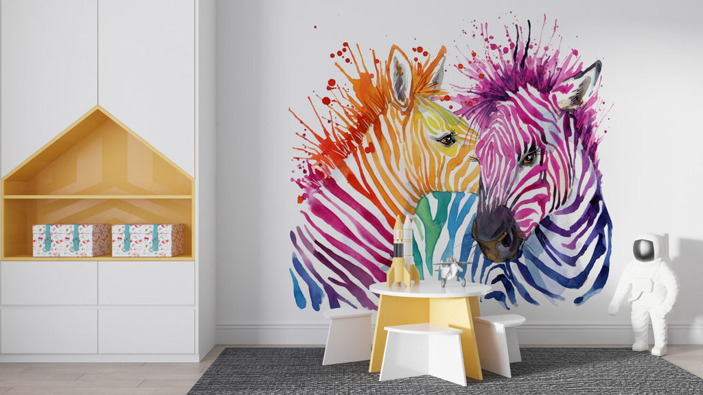 Rainbow Zebra Wallpaper : Colorful Watercolor Animal Art Mural - View 3