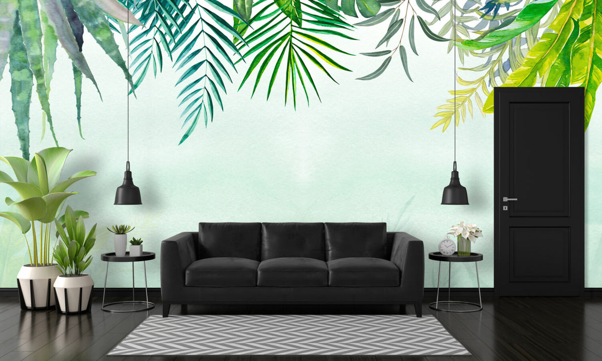 Watercolor Jungle Leaves Wallpaper : Green Tropical Border Mural - View 2