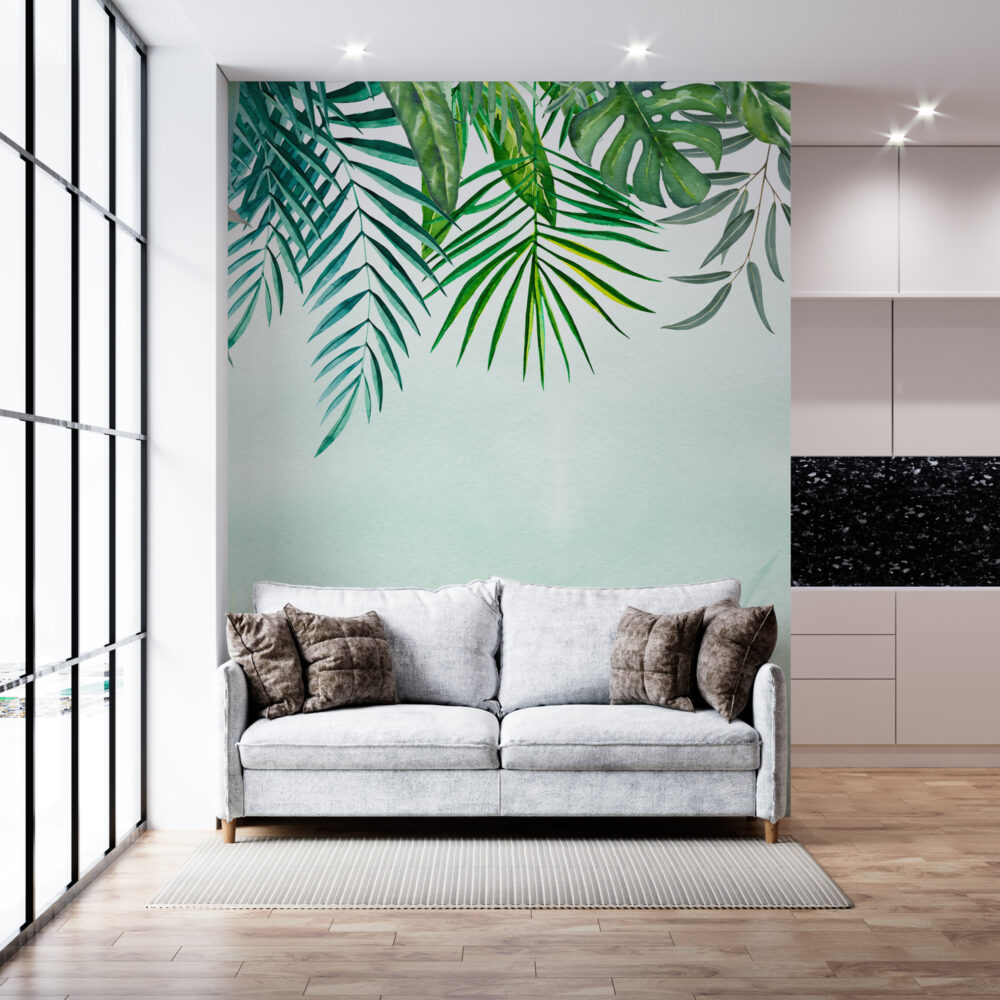 Watercolor Jungle Leaves Wallpaper : Green Tropical Border Mural - View 3