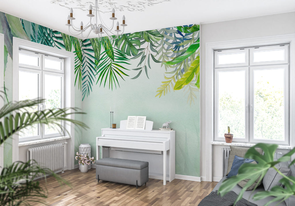 Watercolor Jungle Leaves Wallpaper : Green Tropical Border Mural