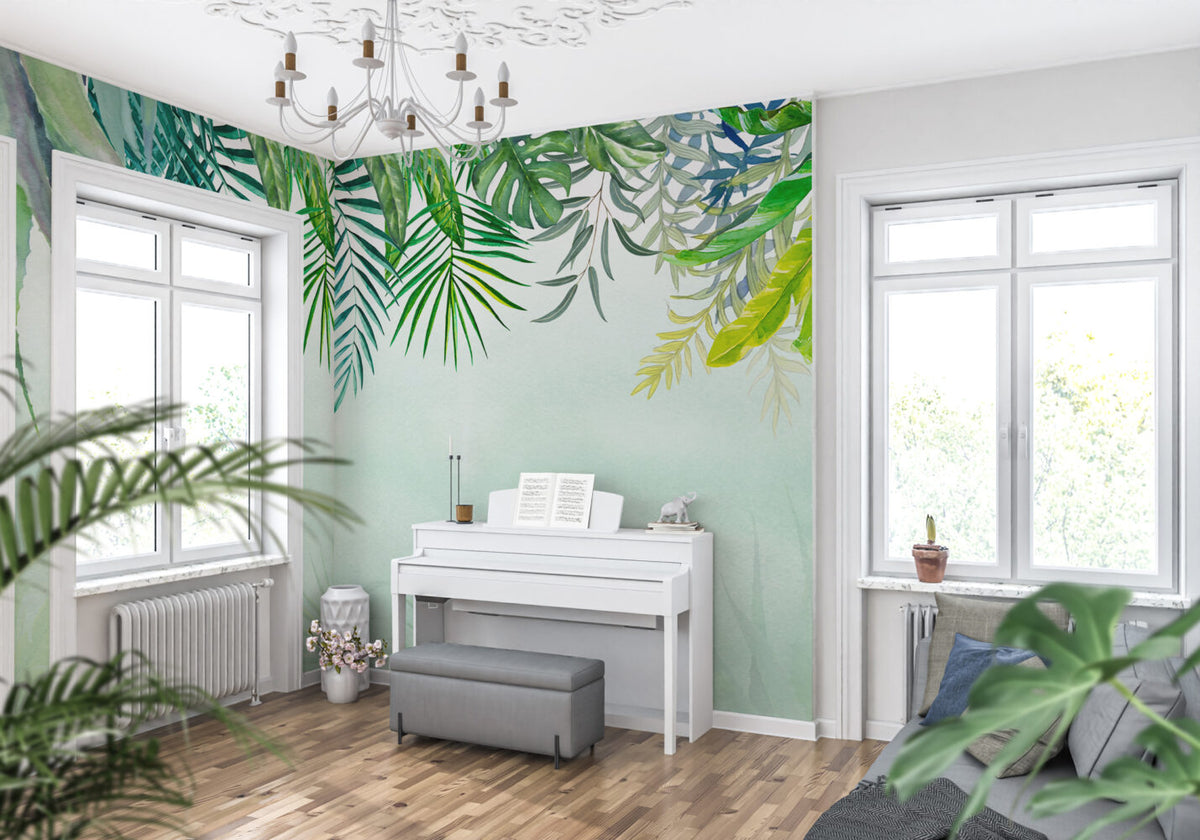 Watercolor Jungle Leaves Wallpaper : Green Tropical Border Mural