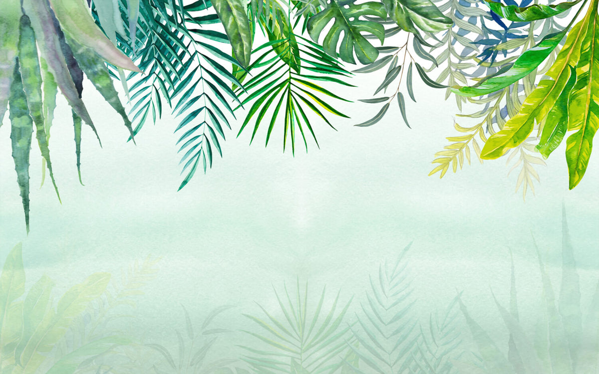 Watercolor Jungle Leaves Wallpaper : Green Tropical Border Mural - flat design