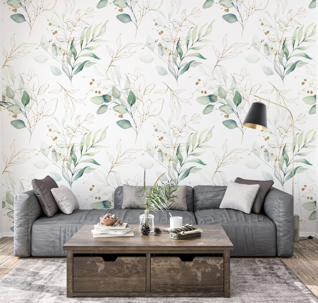 Watercolor Leaves Wallpaper : Gold Line Botanical Pattern - View 4