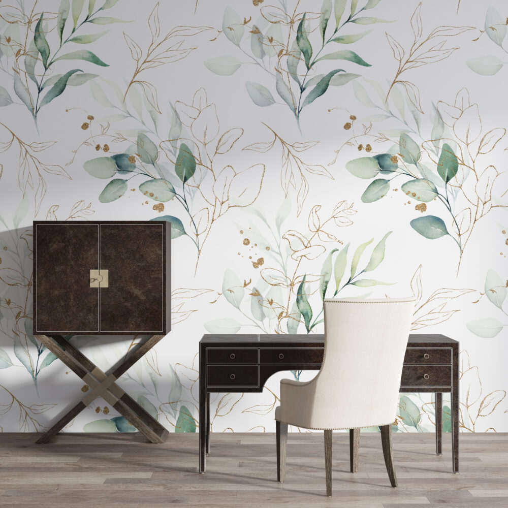 Watercolor Leaves Wallpaper : Gold Line Botanical Pattern - View 3