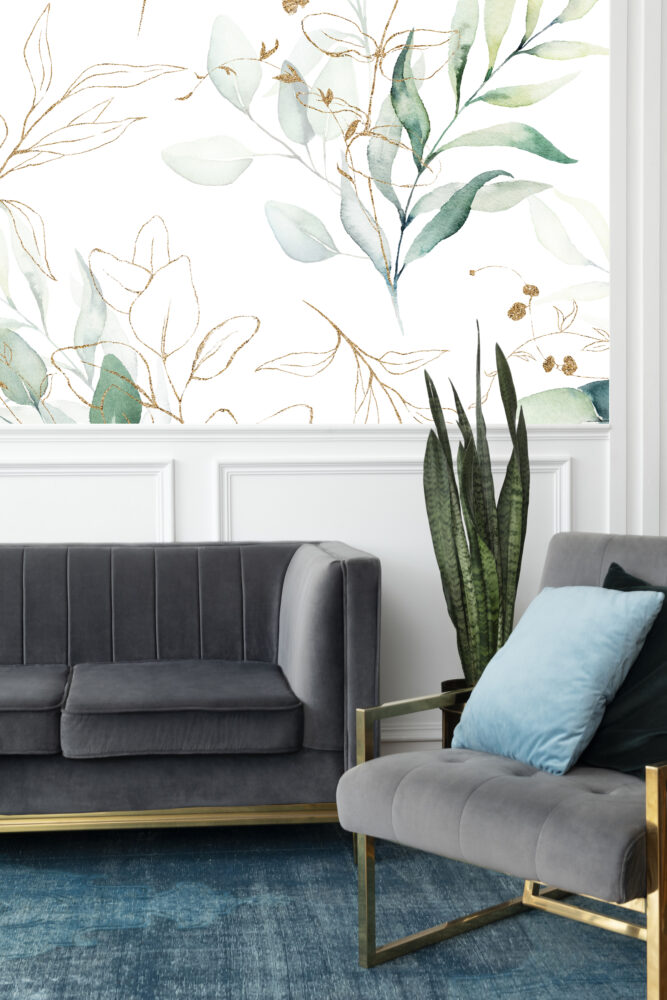 Watercolor Leaves Wallpaper : Gold Line Botanical Pattern - View 6