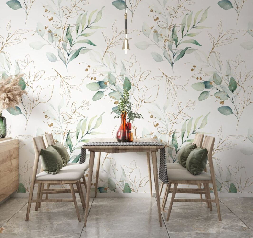 Watercolor Leaves Wallpaper : Gold Line Botanical Pattern - View 5