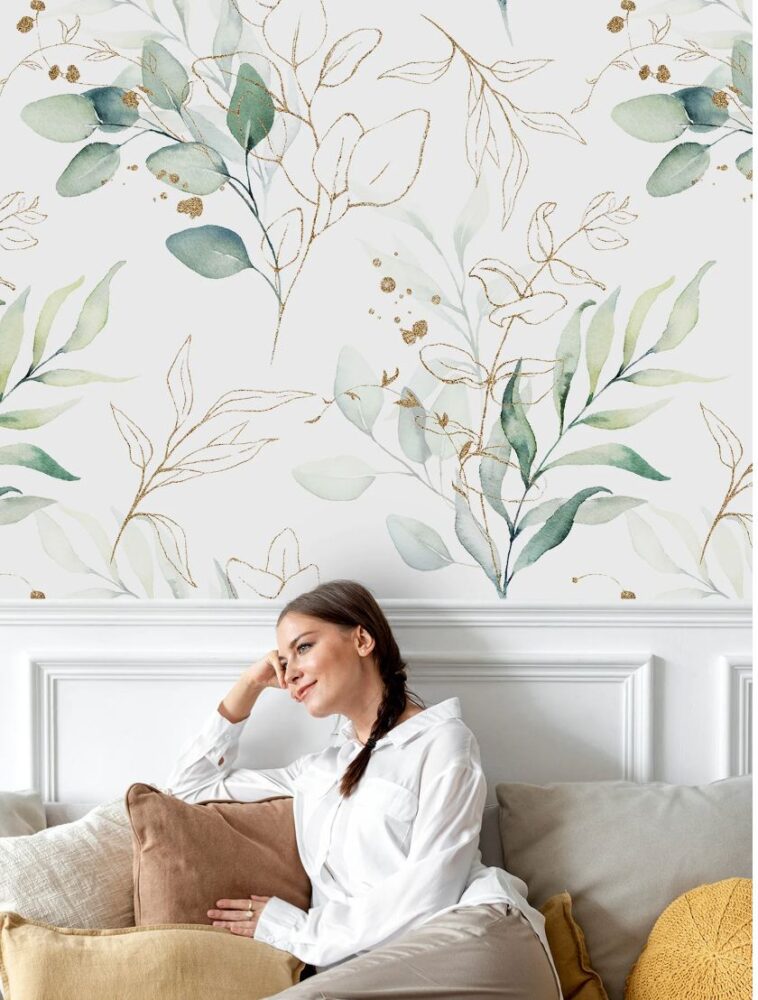 Watercolor Leaves Wallpaper : Gold Line Botanical Pattern