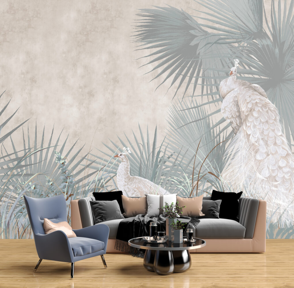 White Peacock Wallpaper : Soft Palm Garden Mural - View 2