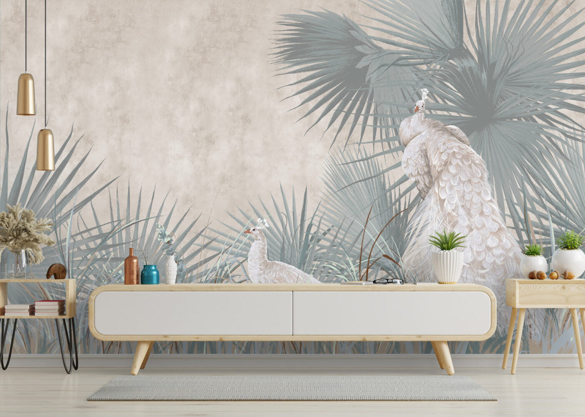 White Peacock Wallpaper : Soft Palm Garden Mural - View 3