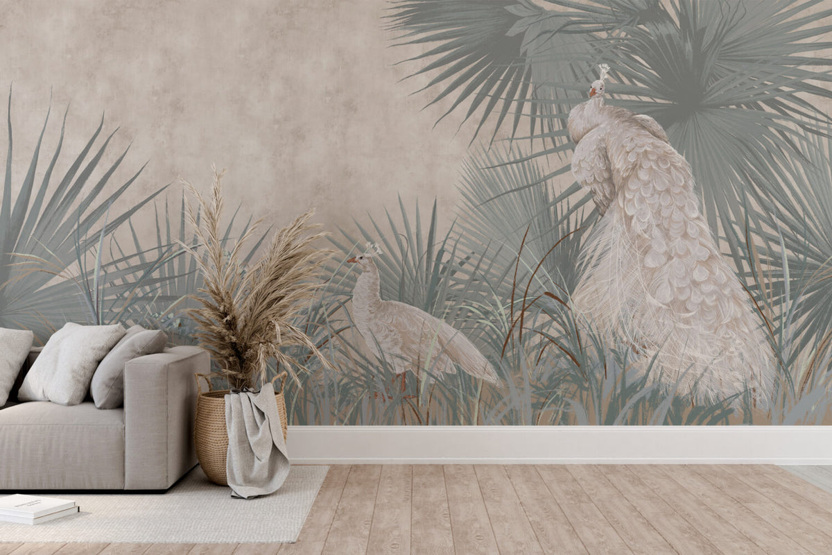 White Peacock Wallpaper : Soft Palm Garden Mural