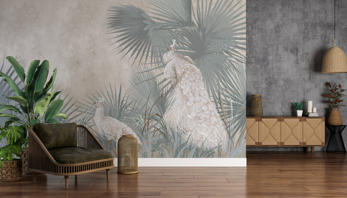 White Peacock Wallpaper : Soft Palm Garden Mural - View 4