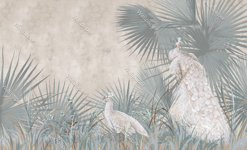 White Peacock Wallpaper : Soft Palm Garden Mural - flat design