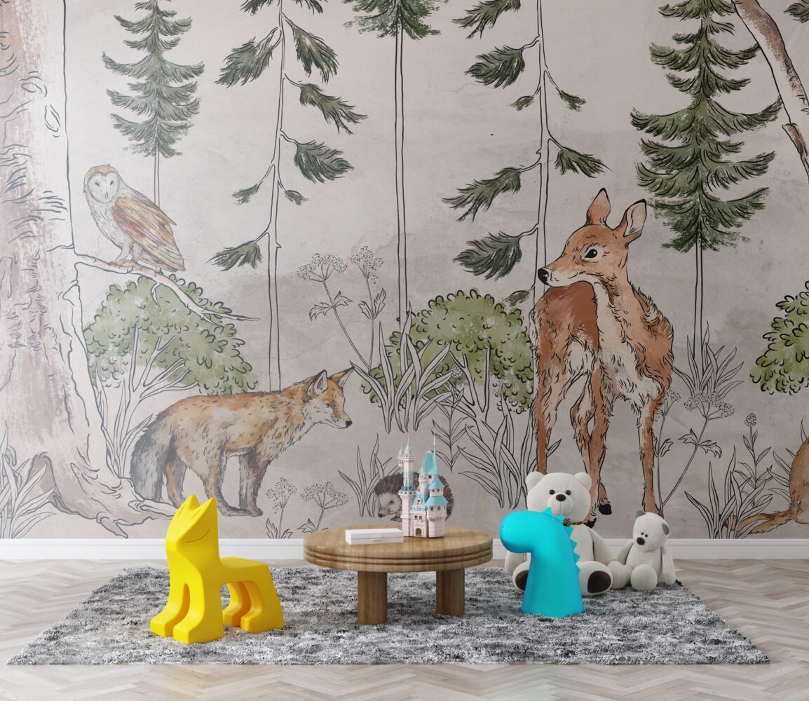 Wild Forest Animals Wallpaper : Sketched Woodland Deer Fox Mural