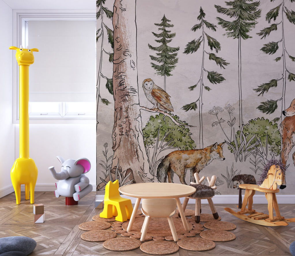 Wild Forest Animals Wallpaper : Sketched Woodland Deer Fox Mural - View 3