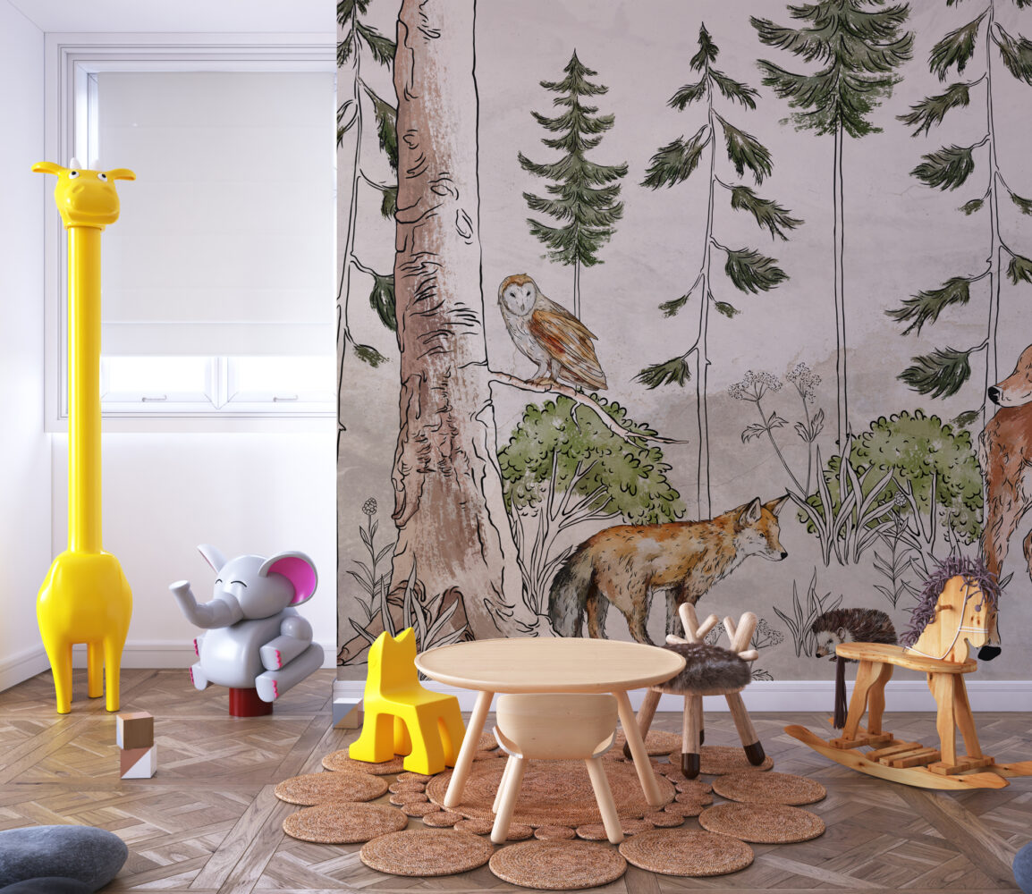Wild Forest Animals Wallpaper : Sketched Woodland Deer Fox Mural - View 3