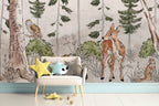 Wild Forest Animals Wallpaper : Sketched Woodland Deer Fox Mural - View 2