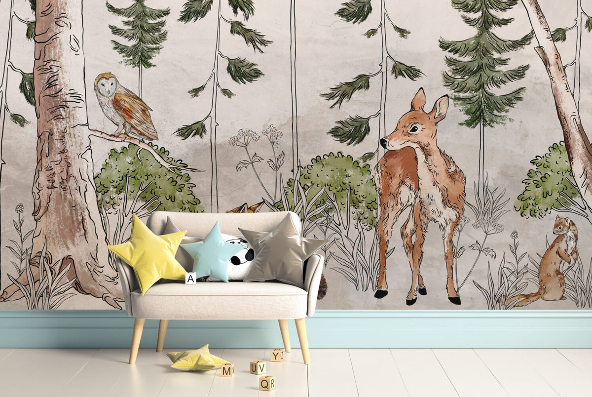 Wild Forest Animals Wallpaper : Sketched Woodland Deer Fox Mural - View 2