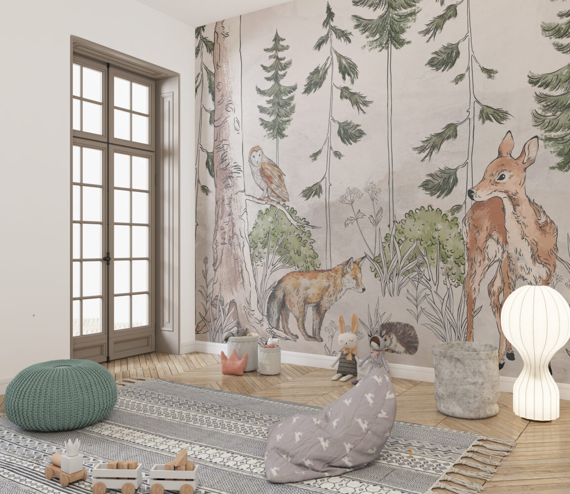 Wild Forest Animals Wallpaper : Sketched Woodland Deer Fox Mural - View 4