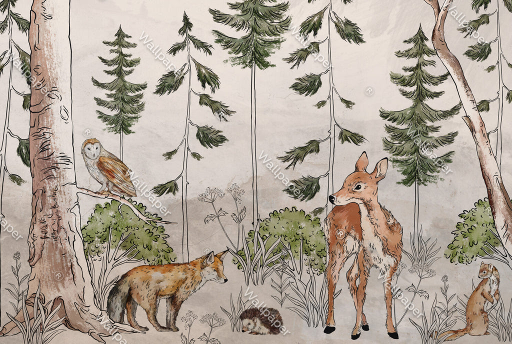 Wild Forest Animals Wallpaper : Sketched Woodland Deer Fox Mural - flat design