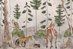 Wild Forest Animals Wallpaper : Sketched Woodland Deer Fox Mural - flat design