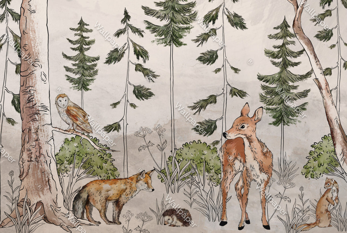 Wild Forest Animals Wallpaper : Sketched Woodland Deer Fox Mural - flat design