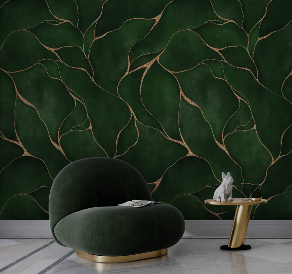 Green Leaf Gold Line Wallpaper : Abstract Botanical Pattern Mural