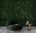Green Leaf Gold Line Wallpaper : Abstract Botanical Pattern Mural