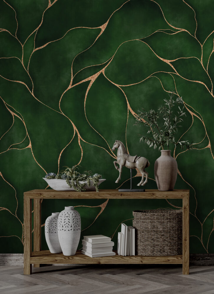 Green Leaf Gold Line Wallpaper : Abstract Botanical Pattern Mural - View 2