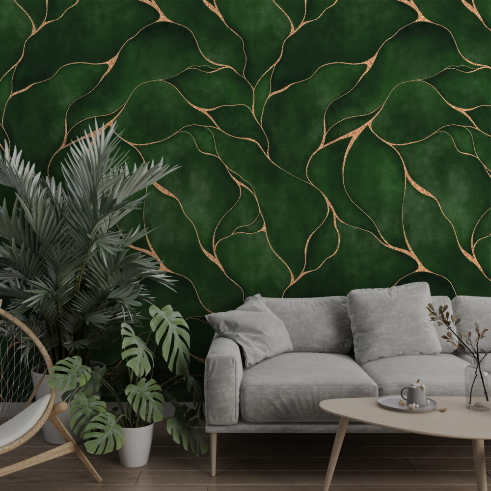 Green Leaf Gold Line Wallpaper : Abstract Botanical Pattern Mural - View 3