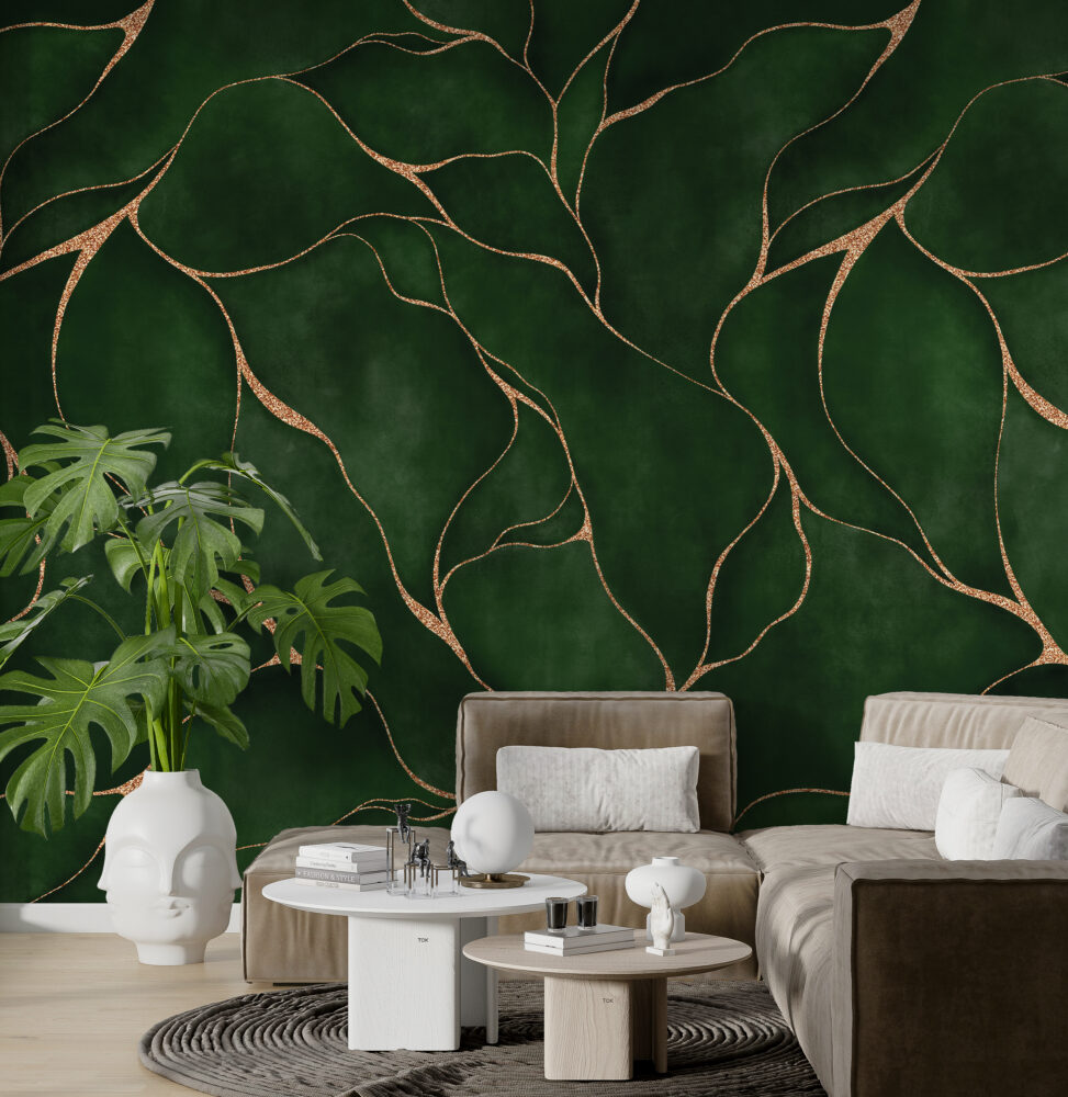 Green Leaf Gold Line Wallpaper : Abstract Botanical Pattern Mural - View 4