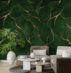 Green Leaf Gold Line Wallpaper : Abstract Botanical Pattern Mural - View 4