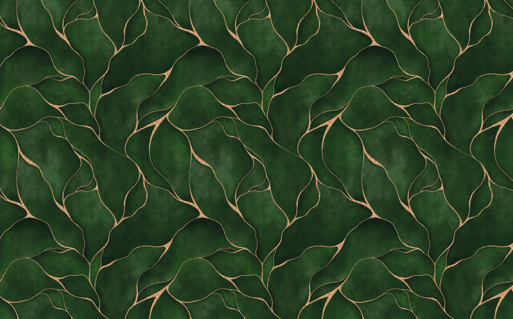 Green Leaf Gold Line Wallpaper : Abstract Botanical Pattern Mural - flat design