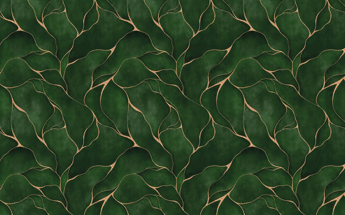 Green Leaf Gold Line Wallpaper : Abstract Botanical Pattern Mural - flat design