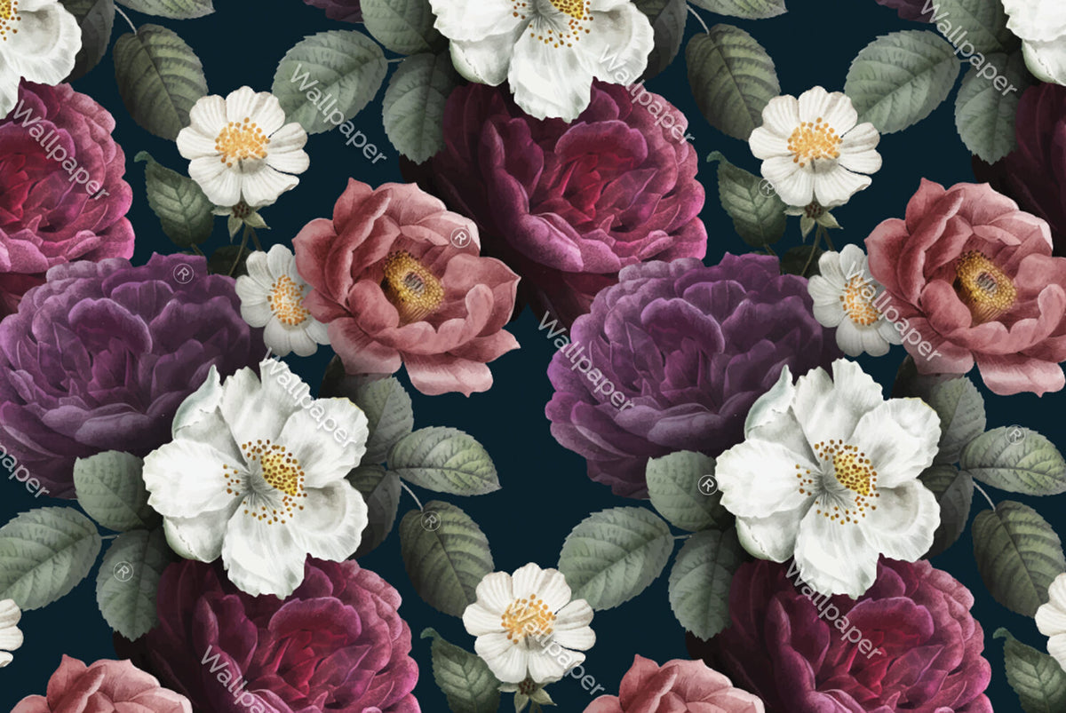 Dark Rose Wallpaper : Purple And Pink Bloom Pattern - flat design